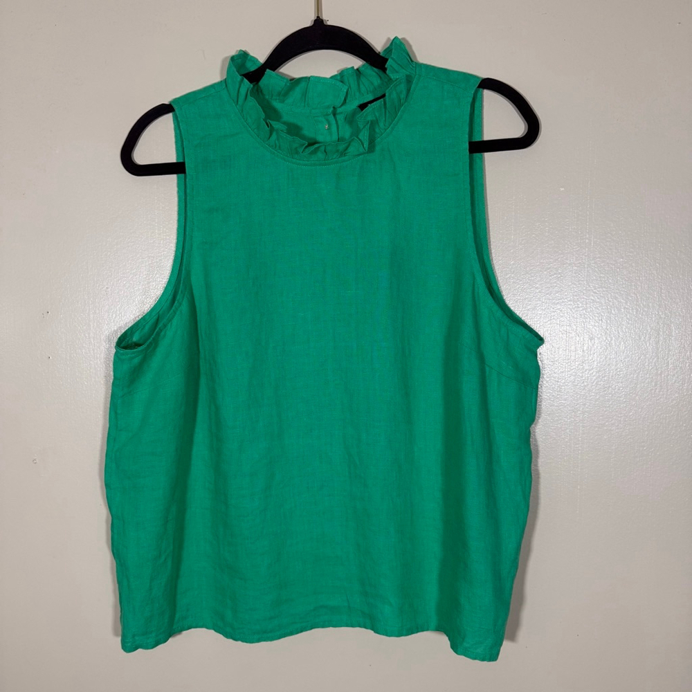 J.CREW Linen Ruffle Neck Sleeveless Blouse Classic Preppy Green Large